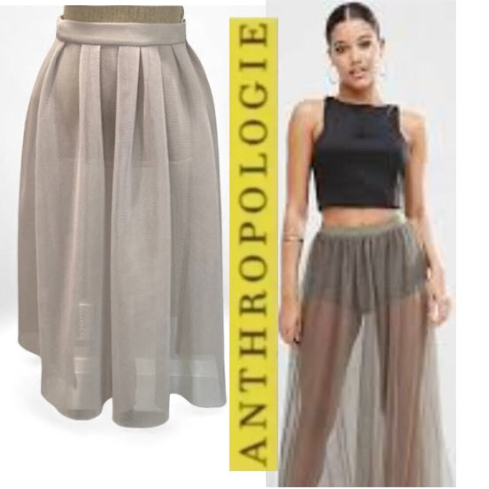 Anthropologie Taupe Sheer Layered Midi Skirt